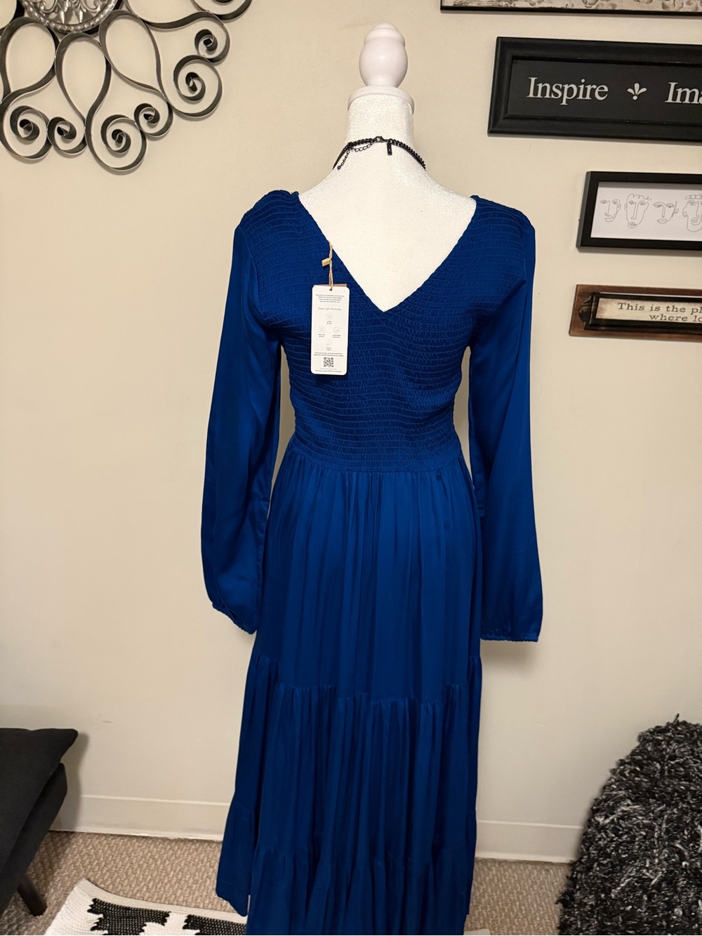 Royal Blue V-Neck Smocked Waist Maxi Dress, Long Sleeve